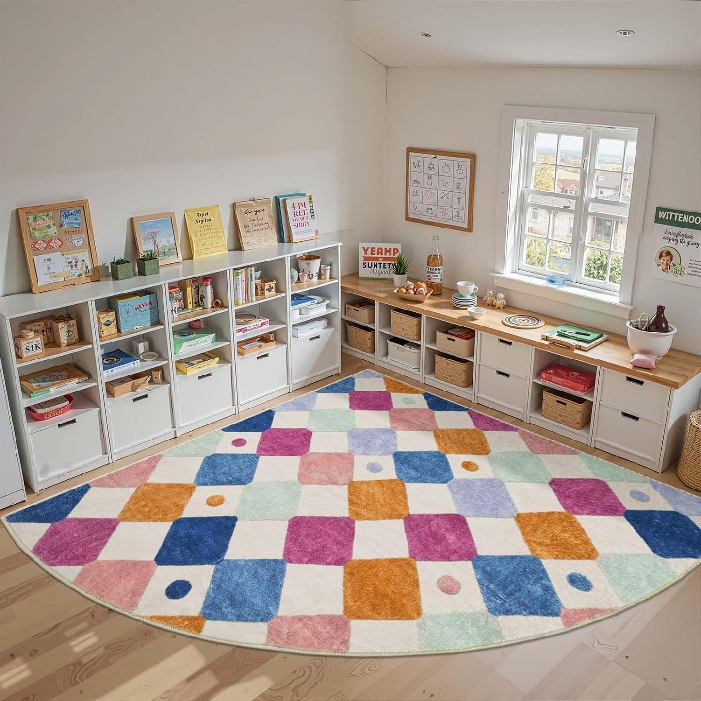 jinchan Kids Rug for Classroom 8ft Radius Corner Washable Area Rug Modern Colorful Quarter Circle Rug Soft Non-Slip Carpet for Nursery Playroom Daycare Reading Nook Living Room Berries on Cream