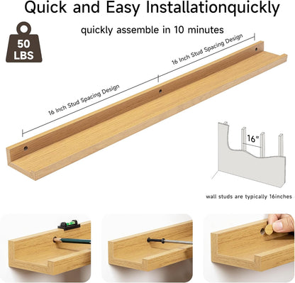 Fun Memories Picture Ledge Shelf, 36 Inch Floating Shelves Set of 2, Nursery Book Shelves for Toys Storage, Kids Bookshelf Wall Mounted for Wall Decor Books Photo Frames, Oak