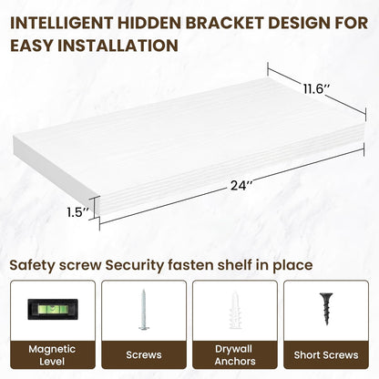 24 Inch Floating Shelves, 12 Inch Deep Floating Shelves for Wall, Floating Shelf with Invisible Brackets, Deep Shelves for Bathroom, Bedroom, Living Room, 2 Pack, White
