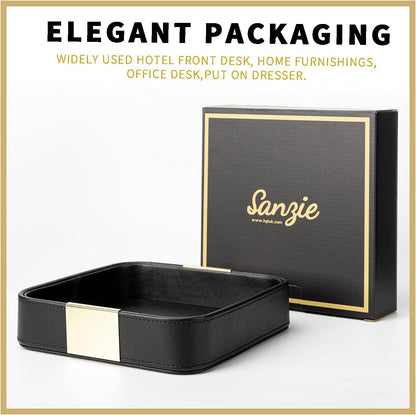 SANZIE Luxury Leather Desktop Storage Small Catchall Organizer Decorative Tray for Entryway Table to Hold Jewelry Watch Cosmetics Keys Phone Wallet, Home & Office Accessories (Metal Glided, Black)