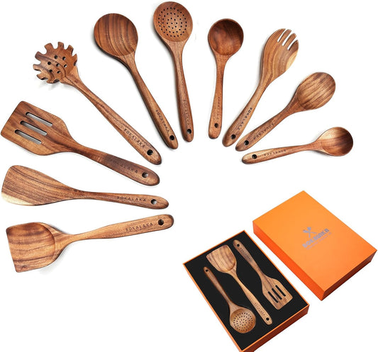 Wooden Spoons for Cooking,10 Pcs Natural Teak Wooden Cooking Utensils Wooden Kitchen Utensils Set