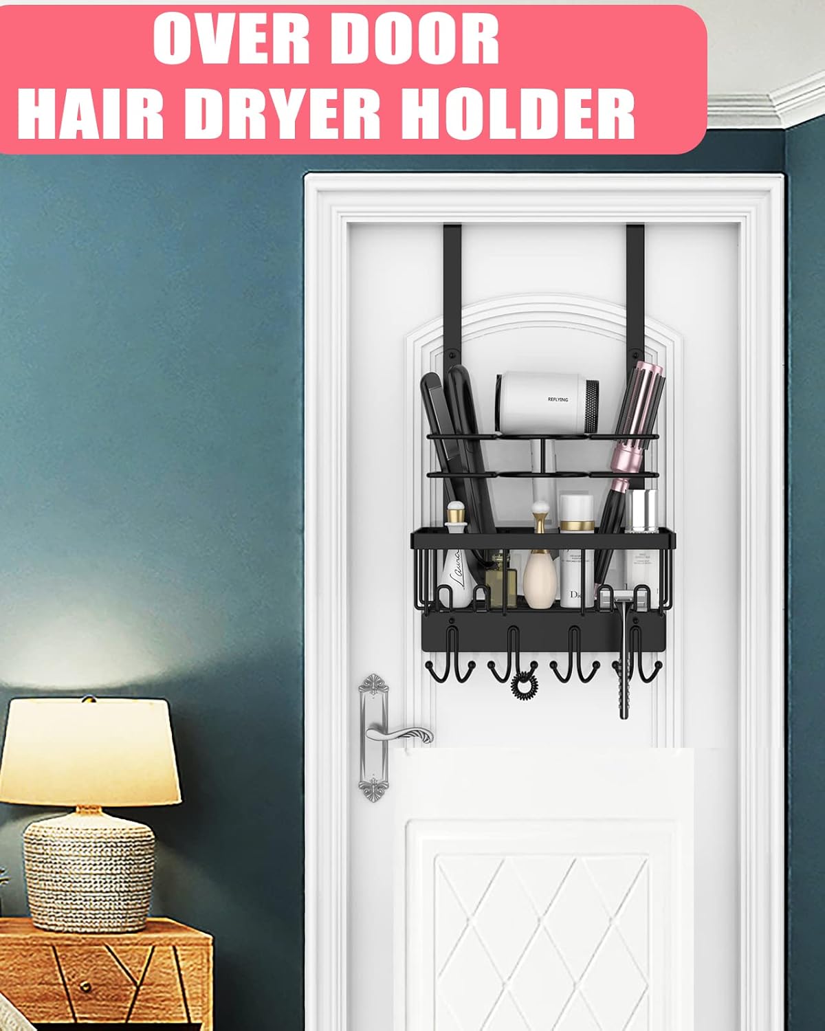 REFLYING Over-the-Door Hairdryer and Styling Tool Organizer, Metal, Black, 3 Compartments, 8 Hooks, 15"H x 10"W x 4.7"D