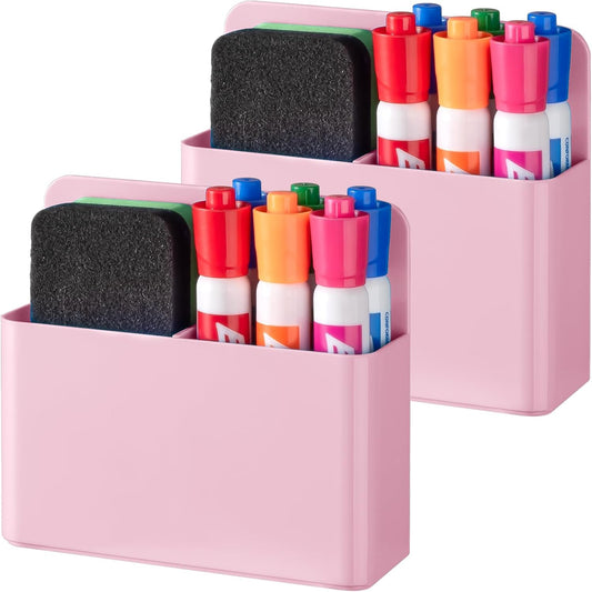 BEYGORM 2 Pack Plastics Magnetic Pen Holder for Refrigerator, Dry Erase Marker Holder for Whiteboard，Magnet School Locker Organizer Accessories, Pencil Cup, Pen Caddy, Classroom Organization(Pink)
