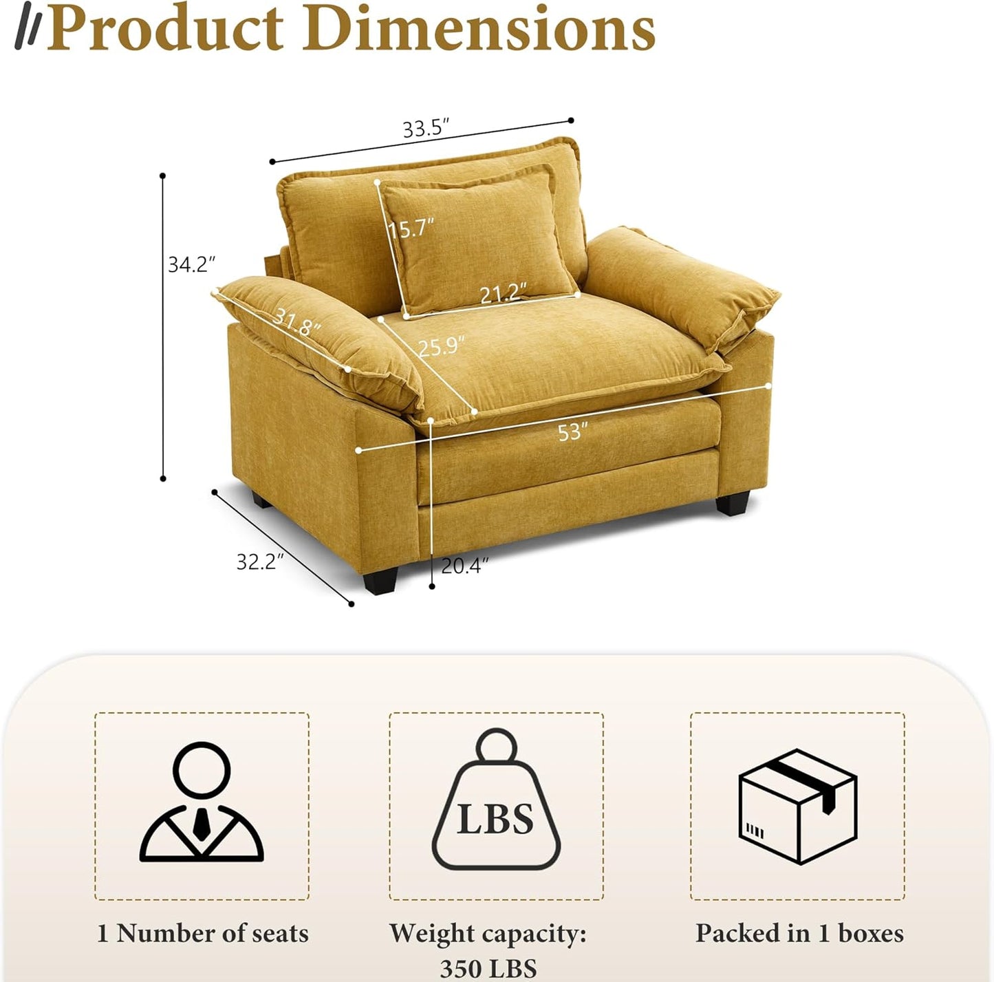 URRED Modular Sectional Sofa Comfy Cloud Couch, Modern Chenille Sofa Sleeper Deep Seat Couches with Ottoman/Pillows for Living Room (Yellow, 53'')