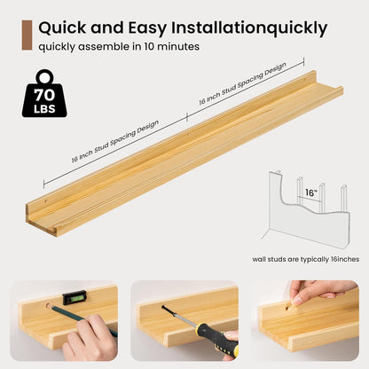 Picture Ledge Shelf, Solid Pine Wood Floating Shelves Set of 2, 36 Inches Nursery Book Shelves for Toys Storage, Kids Bookshelf Wall Mounted for Living Room Bedroom Decor Books Photo Frames, Natural