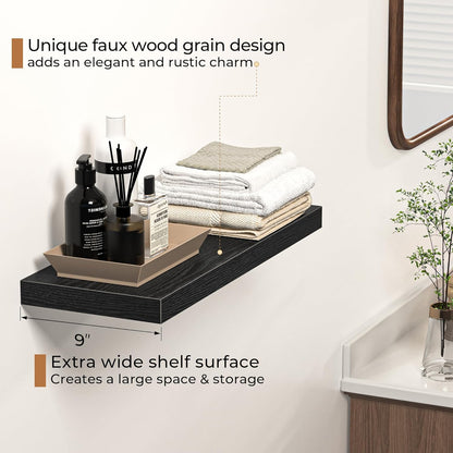 Floating Shelves - 2 Pack 9 Inch Rustic Wooden Wall Shelves - Extra Deeper & Thicker Wall Mounted Storage Shelf for Living Room, Kitchen, Farmhouse - 24" W x 9" D x 1.6" H - Rustic Black