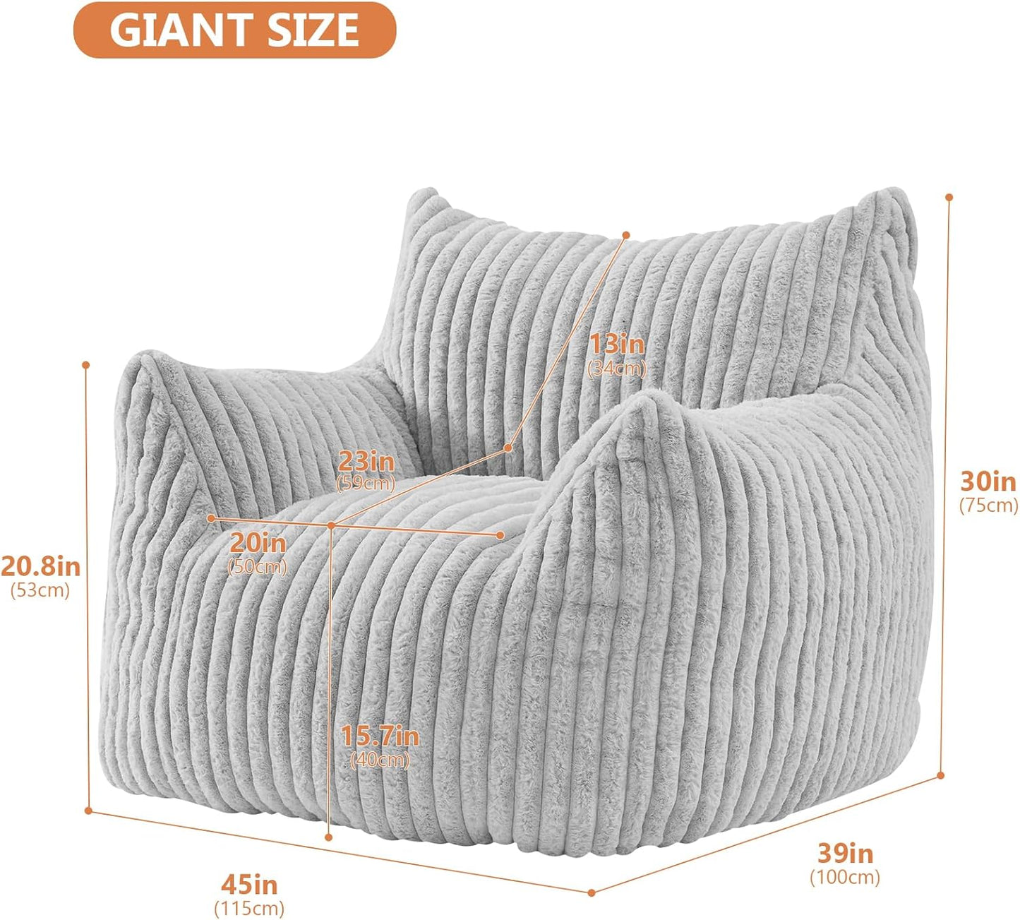 Giant Bean Bag Chairs for Adults with Filling Plush Fluffy Bean Bag Chairs for Teens with Armrests Comfy BeanBag Lazy Couch Sofa Chair for Bedroom Living Room Reading
