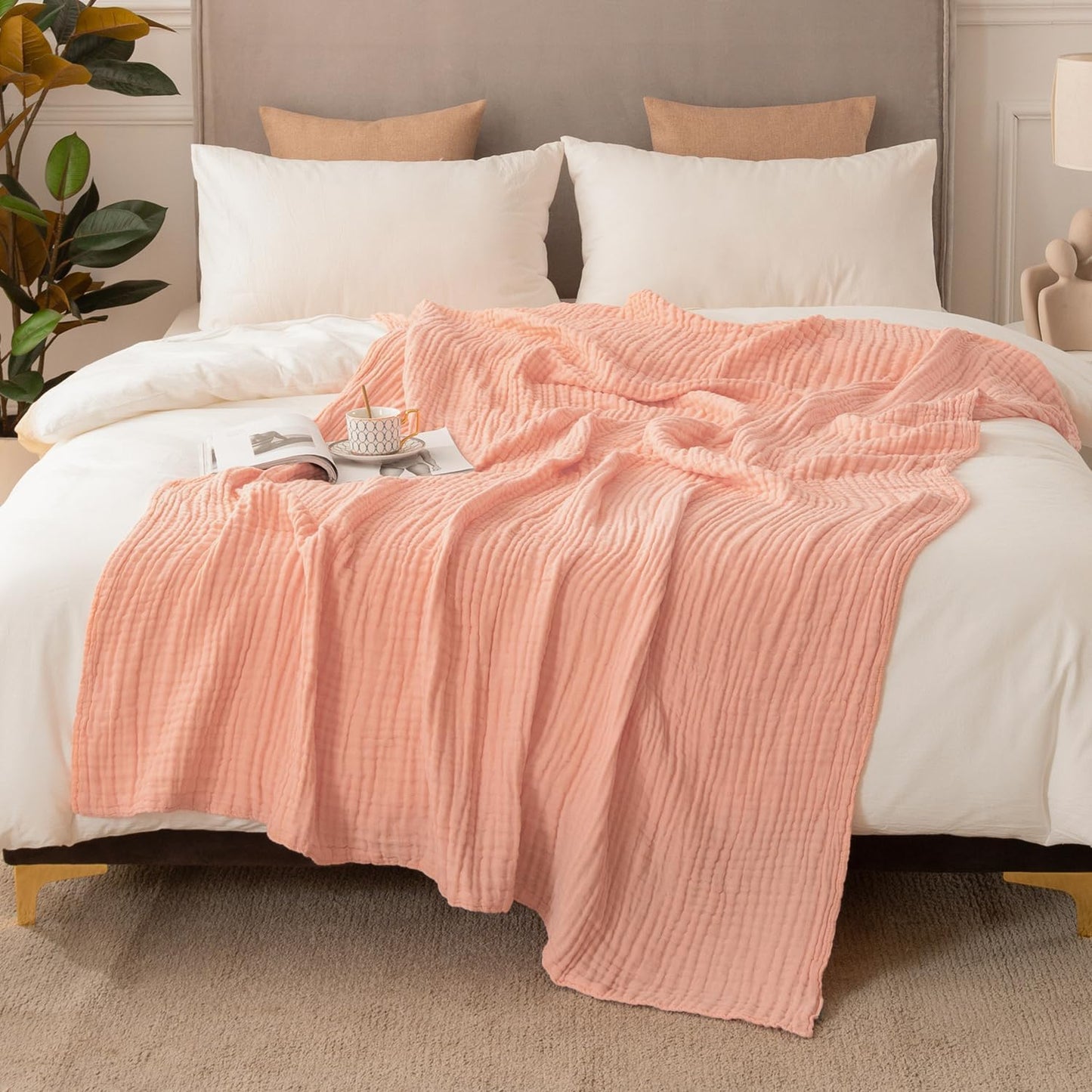 EMME Muslin and Cotton Twin Blankets for Couch Breathable Gauze Blanket All Season Soft and Lightweight Pre-Washed Cotton Blanket (Pink, 60"x80")