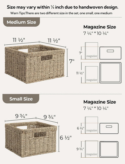 StorageWorks Wicker Storage Baskets, Large and Small Baskets, Handwoven Seagrass Basket for Organizing, Decorative Wicker Baskets with Built-in Handles, Set of 2