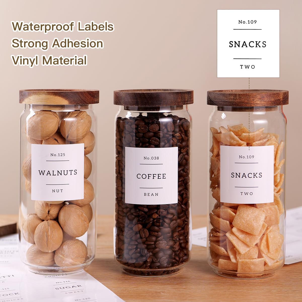 3 Set Glass Pantry Storage Jars with Acacia Airtight Lid - 35oz Thicken Glass Kitchen Canisters with 132 Pantry Labels - Clear Food Storage Containers with Wood Lid for Tea,Sugar,Cookie,Pasta