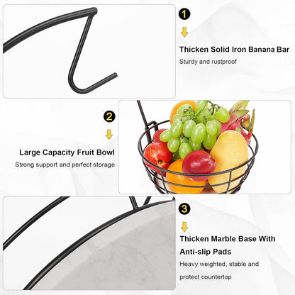 Livabber Countertop Fruit Basket Bowl with Banana Hanger, Modern Standing Fruit Vegetable Bowl Storage, with Banana Tree Holder for Kitchen Dinning Table (Round Marble, Black)