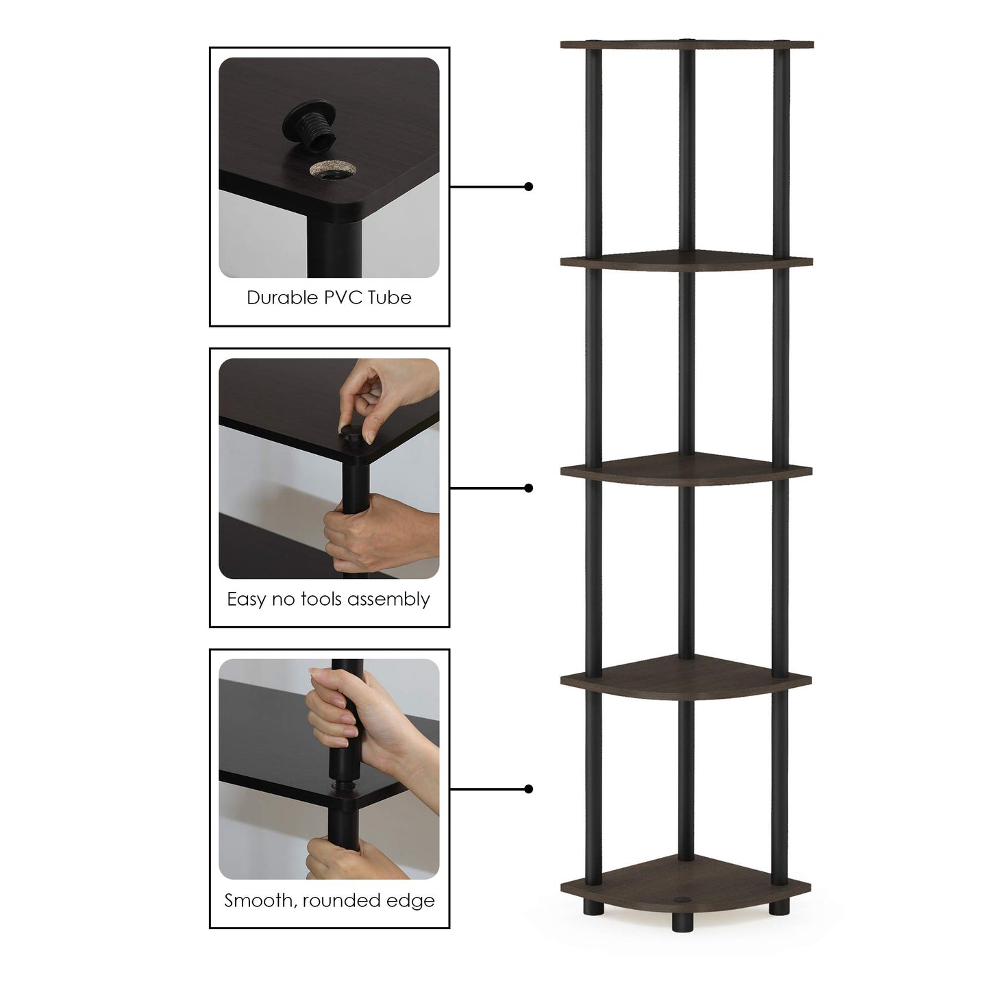 Furinno TURN-N-TUBE Corner Shelf Set of 2, 5-Tier Corner Bookshelf, Open Storage Shelves, for
