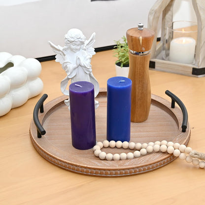 SwallowLiving Brown Wooden Beaded Serving Tray with Handle Decorative Rustic Tray for Coffee Table Farmhouse Round Tray for Kitchen, Living Room and Bedroom