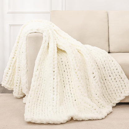 Bigacogo Chunky Knit Throw Blanket for Couch, 60x80 inches, 100% Hand Knitted with Thick Jumbo Chenille Yarn, Cozy Soft Large Rope Knot Cable Crochet Blankets for Sofa Bed Living Room, Ivory