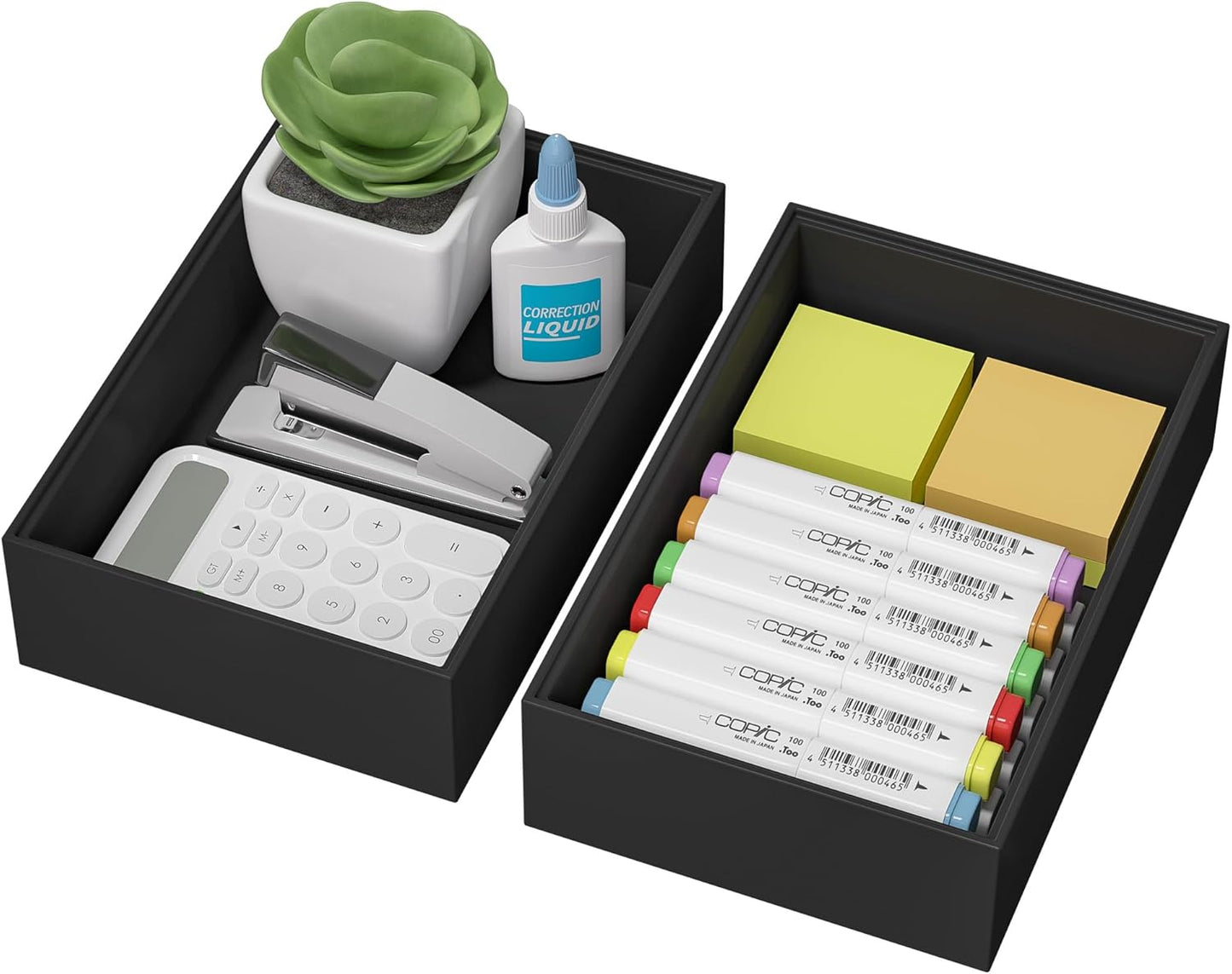 Kitchen Drawer Organizer Bins, Stackable Bamboo Drawer Organizer for Silverware, Flatware, Deep Office Desk Organizer Tray, Desktop Pen, Office Organization Black 9" x 6" x 2.5"(Set of 2)