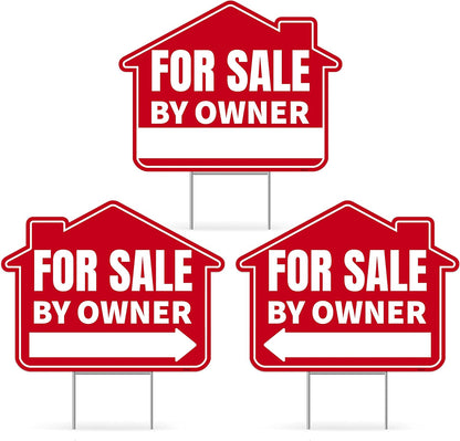 3PC For Sale By Owner Sign with Stakes, 17 Inches by 13 Inches - Double Sided Signs - Corrugated Plastic - FSBO Yard Sign for Home House Real Estate