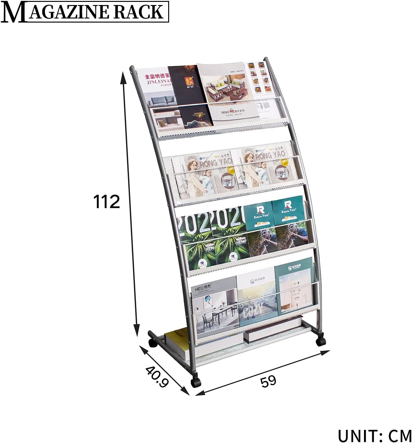 Brochure Display Stand, Floor-Standing Magazine Rack with 4 Pockets, Information Rack With casters Easy to Move for Trade Show Exhibitions Office Retail Store 44.1" H