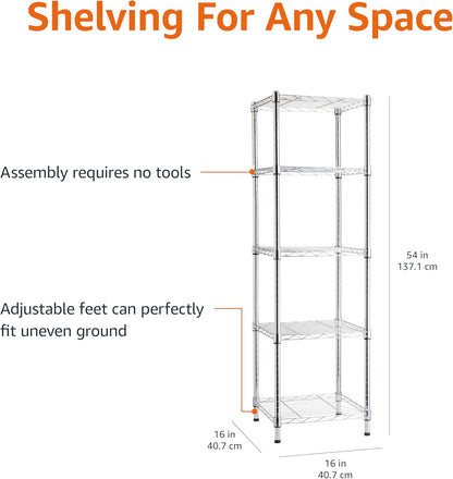 Amazon Basics 5-Shelf Tower Adjustable Storage Shelving Unit, Chrome, 16 D x 16 W x 54 H in