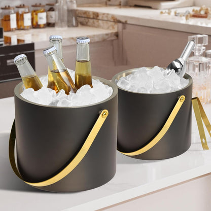 2L Ice Bucket with Silicone Lid, Scoop, Gold Tongs & Strainer, Stainless Steel Double Wall Insulated Ice Buckets for Parties & Cocktail Bar Outdoor Champagne Ice Container Bin, Black
