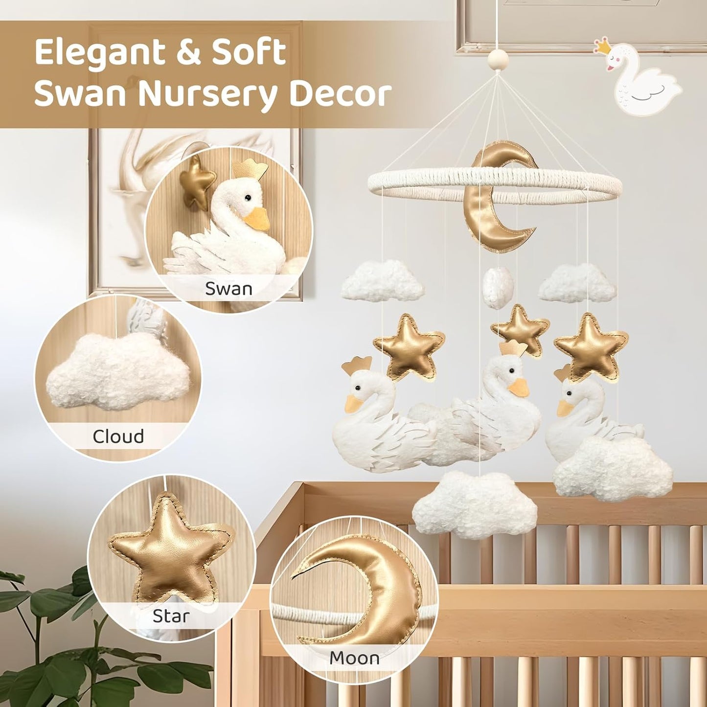 Baby Mobile for Crib Swan Nursery Decor for Girls Handmade Boho Baby Crib Mobile Cloud Moon Star for Infant Bassinet Bedroom Hanging Felt Princess Swan Nursery Room Decor Newborn Gifts