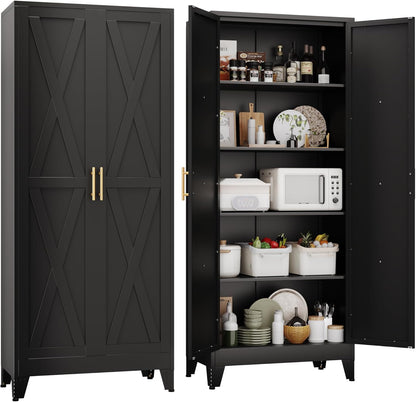71" H Metal Kitchen Pantry Storage Cabinet, Freestanding Cupboard with 2 Doors and 4 Adjustable Shelves, Standing Storage for Kitchen, Bathroom, Garage, Dinning Room or Utility Room（Black）
