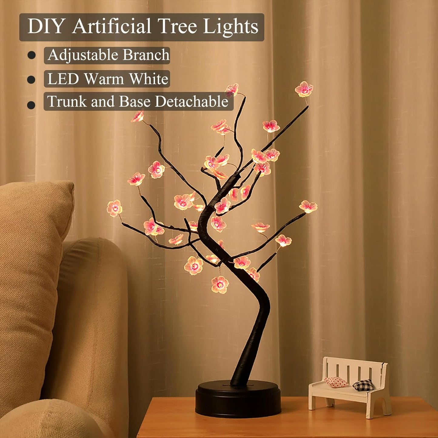 36 LED Cherry Blossom Sparkly Fairy Spirit Tree Lights, Twinkling Tree 3AA&USB Powered, Tabletop DIY Artificial Tree Lamp for Bedroom Christmas Indoor Room Decor Lights (Warm White)
