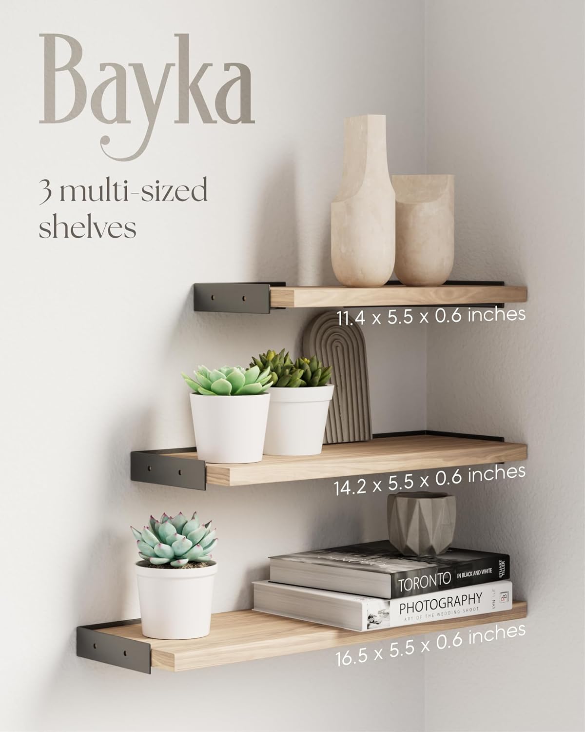 BAYKA Wall Shelves for Bedroom Decor, Floating Wall Shelves for Living Room Kitchen Storage, Wall Mounted Rustic Shelves for Kids Books, Corner Shelf for Bathroom(Carbonized Brown,Set of 4)