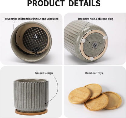 TAMAYKIM 5.25 Inch Ceramic Plant Pots with Drainage Holes and Saucers, Modern Flower Pots with Trays for Indoor Planters, Snake Plant, Succulent, Cactus and Herbs, Set of 4