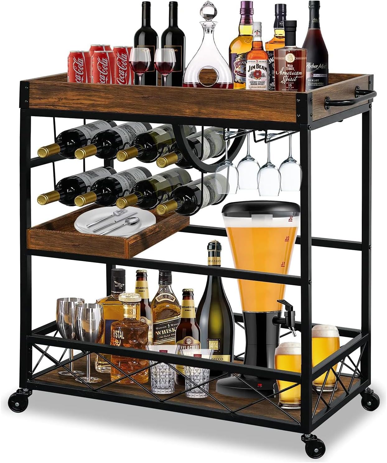 Vintage Bar Cart with Removable Tray and Wheels, Mobile Home Bar Serving Cart with Wine Rack, Glass Holder and Storage Shelves, 3-Tier Rolling Beverage Cart for Home or Patio