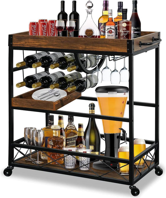 Vintage Bar Cart with Removable Tray and Wheels, Mobile Home Bar Serving Cart with Wine Rack, Glass Holder and Storage Shelves, 3-Tier Rolling Beverage Cart for Home or Patio