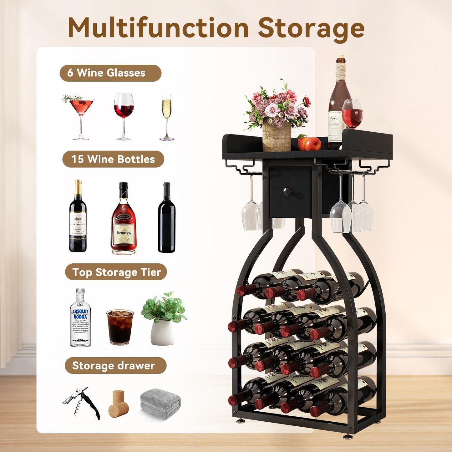 IBUYKE Wine Rack Freestanding Floor,Wine Storage 15 Bottles Bottle Rack with Glass Holders, Mini Bar Wine Cabinet with Storage Drawer for Home Bar Kitchen Dining Room,Black,UTMJ908B