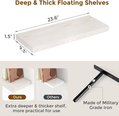 24 x 9 Floating Shelves, 9 Inch Deep Floating Shelf Wall Mounted, 24 Inch Bathroom Shelves Set of 2, Rustic Wood Wall Shelf for Bedroom, Living Room, Brich Color