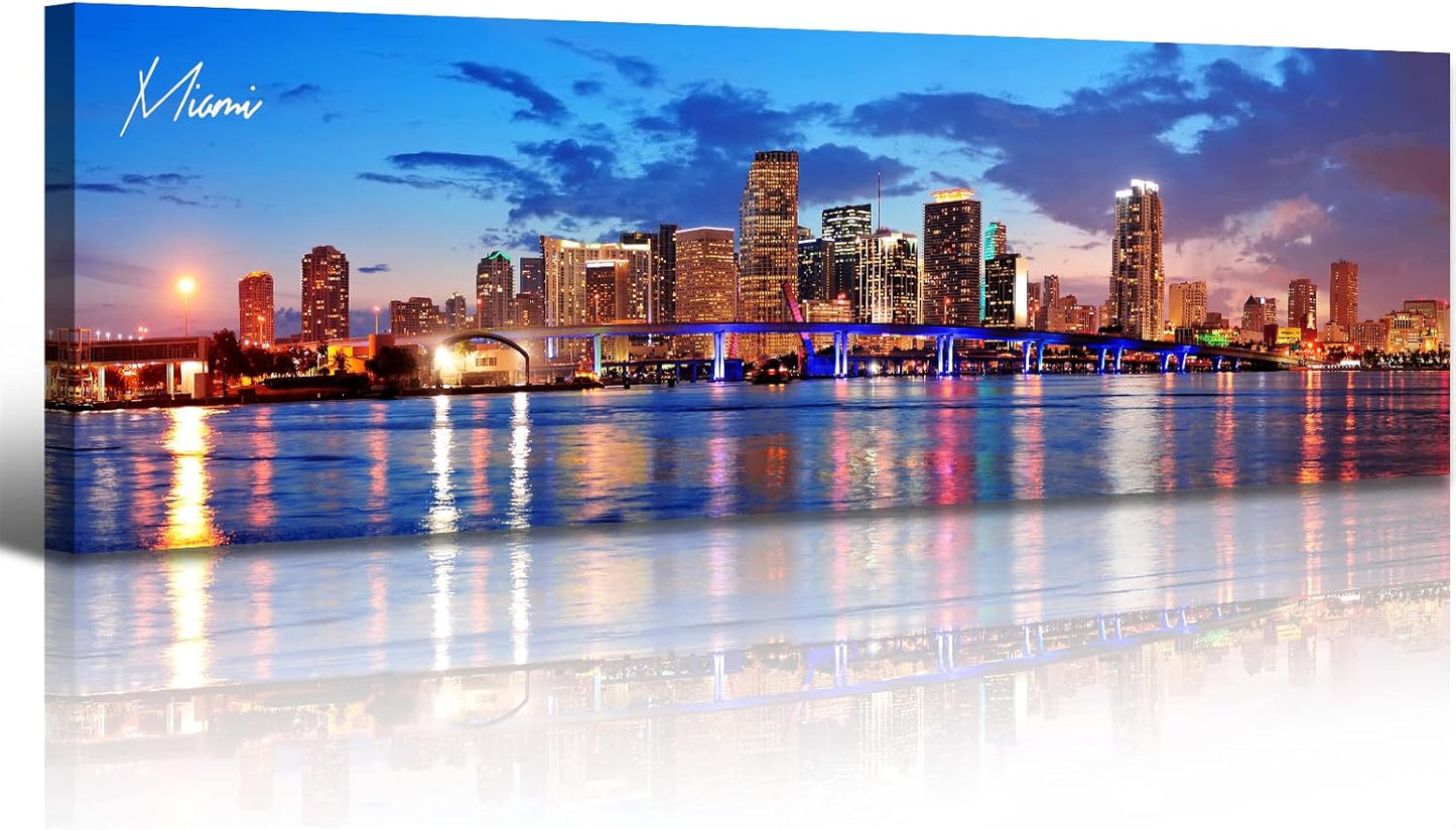 Office Wall Decor Miami Skyline Wall Art Panoramic Cityscape Picture Modern USA City Night View Canvas Prints for Bedroom Living Room Home Decoration Stretched and Framed Ready to Hang 13.8"x45.3"