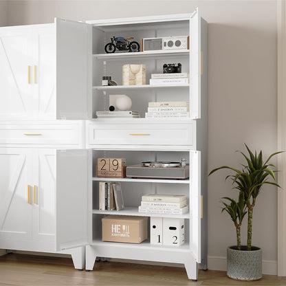 71 "Farmhouse Metal Filing Cabinet with a Drawer and 4 Adjustable Shelves, with 4 Large barn Door White Kitchen Cabinets, Metal Food Cabinets for Home, Kitchen, Dining/Living Room (White)