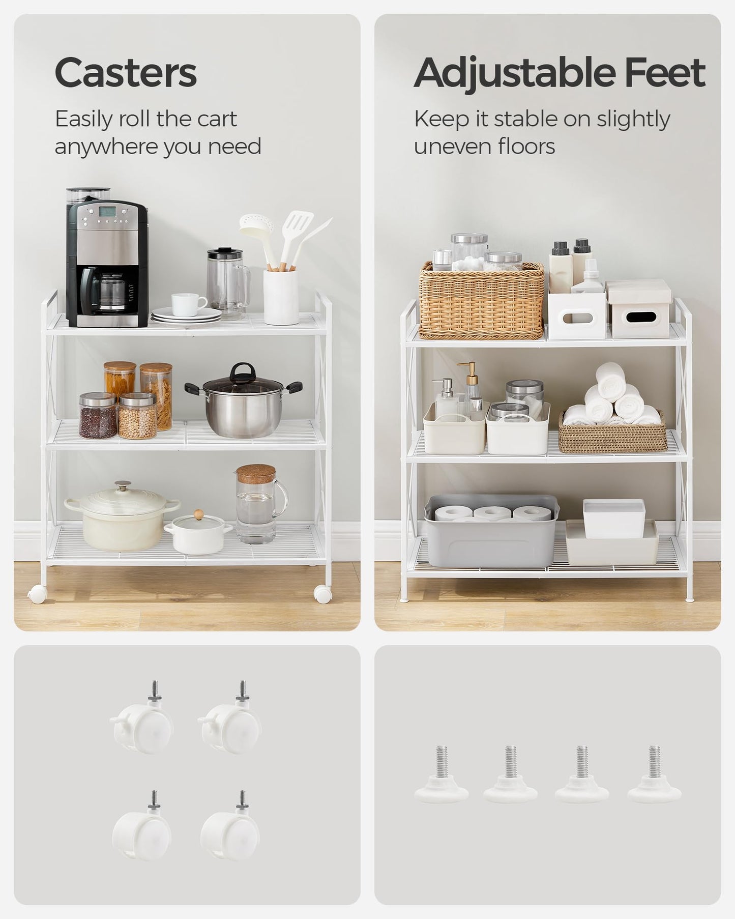 SONGMICS 3-Tier Metal Storage Rack with Wheels, Mesh Shelving Unit with X Side Frames, 31.5-Inch