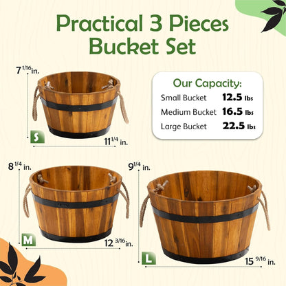 IDZO Set of 3 Wooden Flower Boxes Outdoor, Durable Acacia Wood Barrel Planters for Outdoor Plants with Ergonomic Handles, Drainage Holes, Multiple Sizes Wood Bucket Planter for Home Décor
