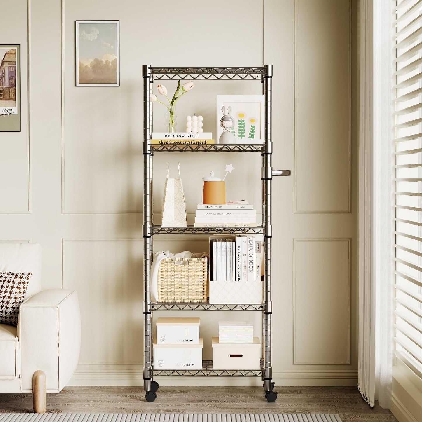 PeacefulHues 5-Tier Storage Shelves with Wheels and Adjustable Shelf, 1100 LBS Loading Capacity