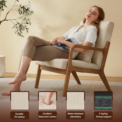 Accent Chair Mid Century Modern Armchair with Lumbar Support Pillow Wood Legs PU Leather Upholstered Lounge Chairs Comfy High Back Cushion for Living Room Bedroom