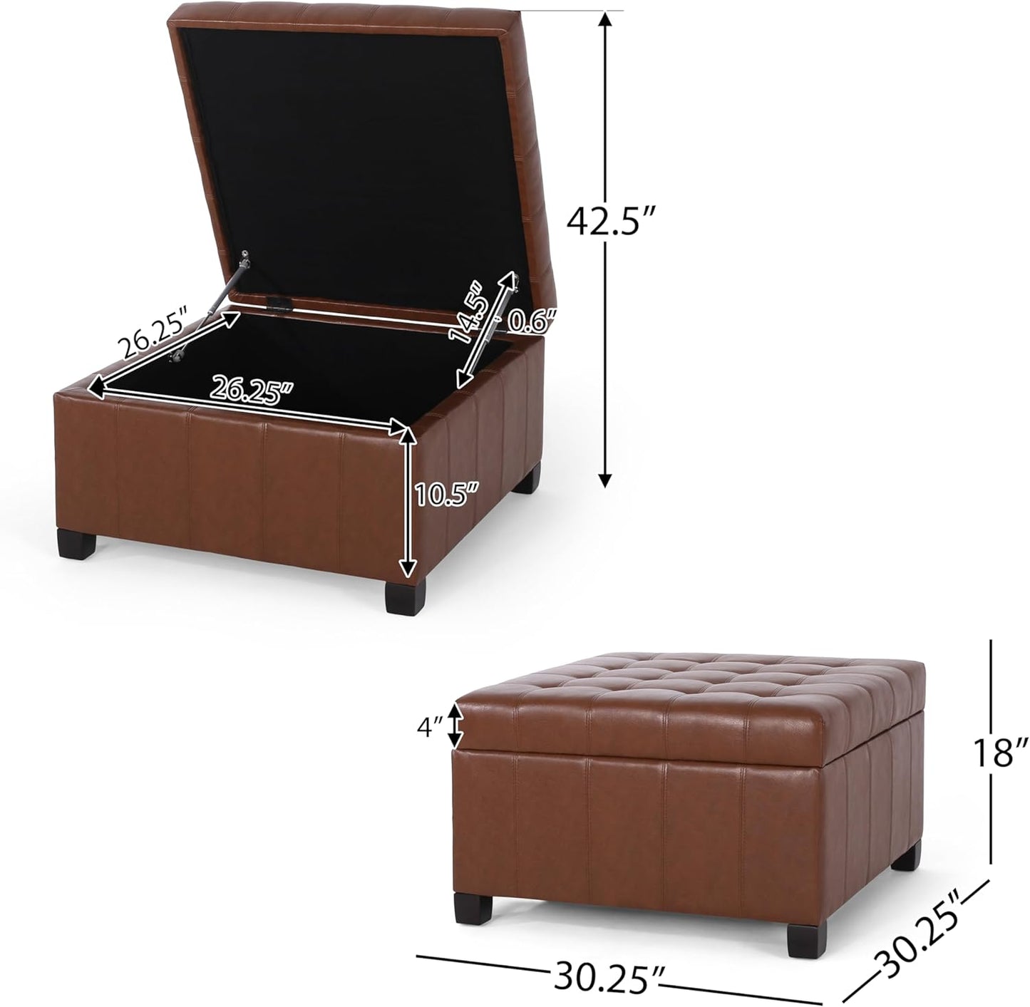 Christopher Knight Home Faux Leather Storage Ottoman Square Ottoman End of Bed Ottoman Cube for Bedroom Entryway Foot Rest Stool with Hinged Lid 30.25" x 30.25" x 18", Brown