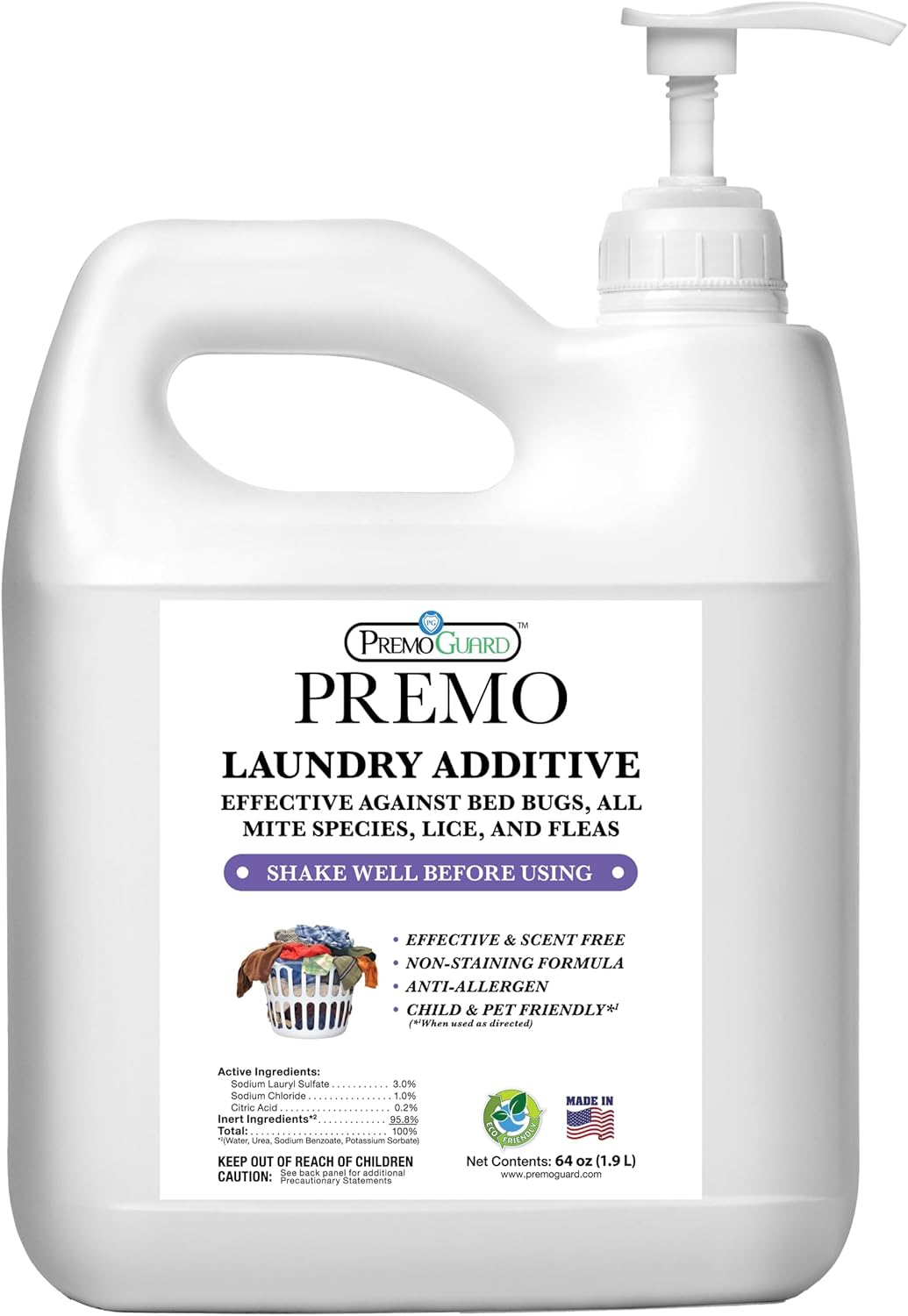 Premo Guard Bed Bug, Mite & Lice Laundry Detergent Additive 64 oz – Child & Pet Friendly – Stain & Odor Free – Best Natural Non-Toxin Treatment
