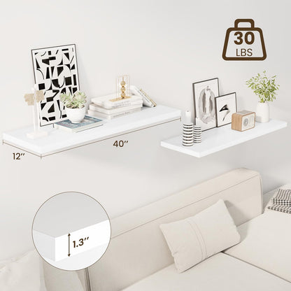 40" Floating Shelves for Wall, 12" Deep Slim White Floating Shelves, Wall-Mounted Shelves for Bedroom, Living Room, Kitchen, Bathroom - Set of 2