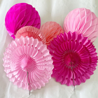 12pcs 6'' 8'' Honeycomb Balls Tissue Paper Fans Party Honeycomb Ball Fans Wall Decorations Tissue Pom Poms Flower Balls Hanging Paper Fans for Party Baby Shower Birthday Wedding Nursery (Pink kit)