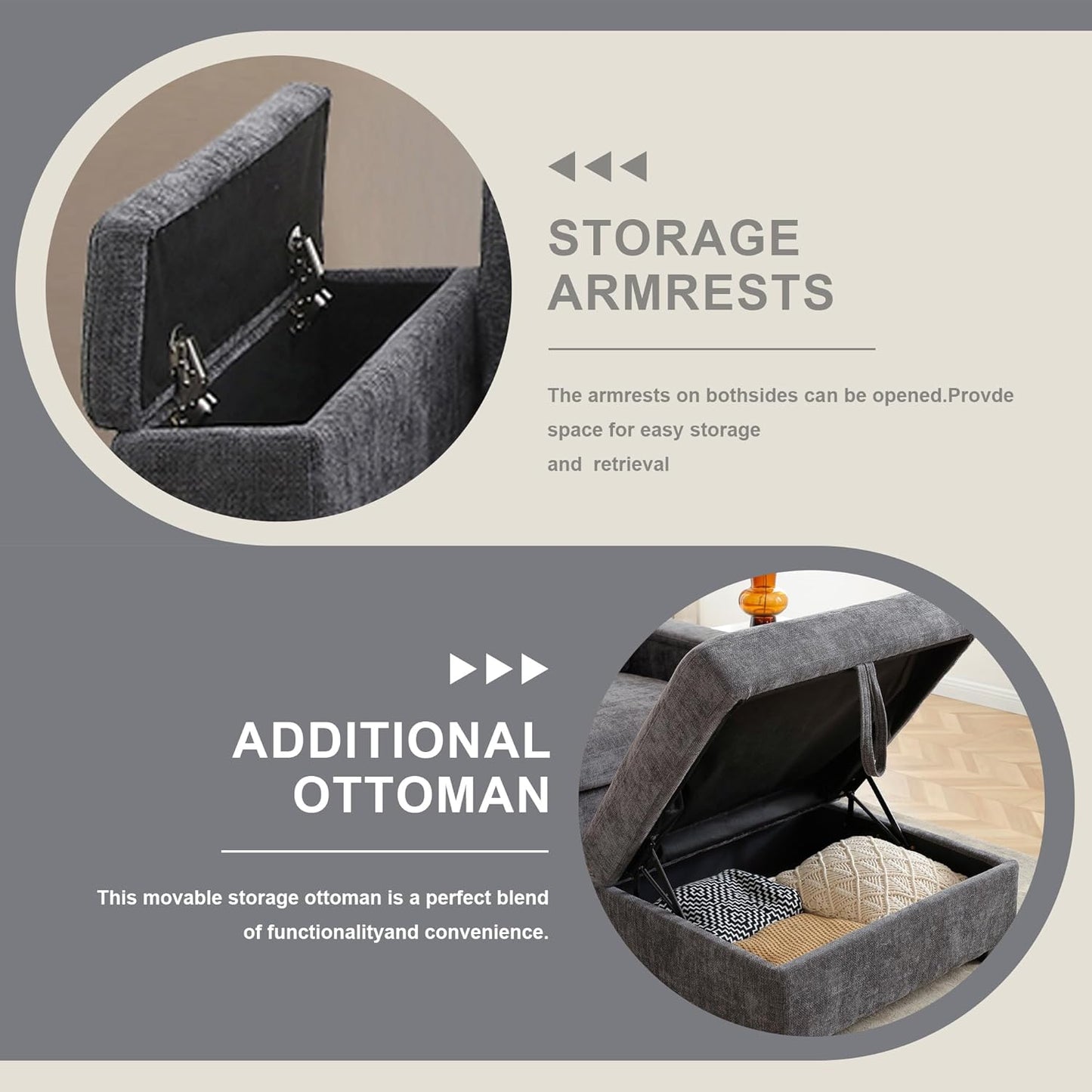 120.3" Modern L-Shaped Sectional Sofa with 360°Swivel Drop-Down Table, Storage Armrest, USB Ports & Movable Storage Ottoman – Plush Linen Cloud Couch for Lounge (Grey)