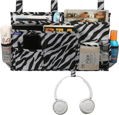 Surblue Bedside Caddy Hanging Organizer Storage Bag Pocket for Bunk, Hospital, College Dorm Rooms, Baby Bed Rails, Camp - 8 Pockets (Large, Zebra)