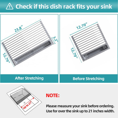Roll Up Dish Drying Rack, Expandable (12.8"-23.8" D x 12.8" W) Stainless Steel Portable Drainer for Kitchen Sink Counter, Foldable Over The Sink Cover with Removable Utensil Holder