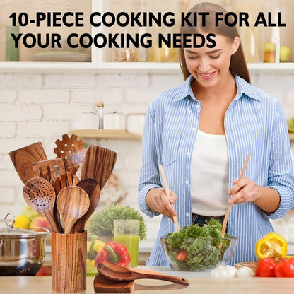 Wooden Spoons for Cooking 10 Pieces Set, Teak Kitchen Utensils Spatula, Wooden Cooking Utensils Spoons, with Spoon Rest, Strainer Spoon, Pasta server, Fried Spatula and Salad Fork, Utensil Holder