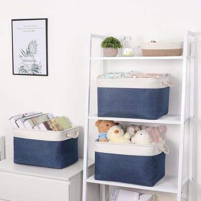 Bidtakay Storage Baskets Collapsible [3-Pack] Decorative Storage Bins with Cotton Rope Handles 15 X 11 X 9.5 Inch Organizing Baskets for Shelves Clothes Closet Navy Blue Baskets for Gifts Empty