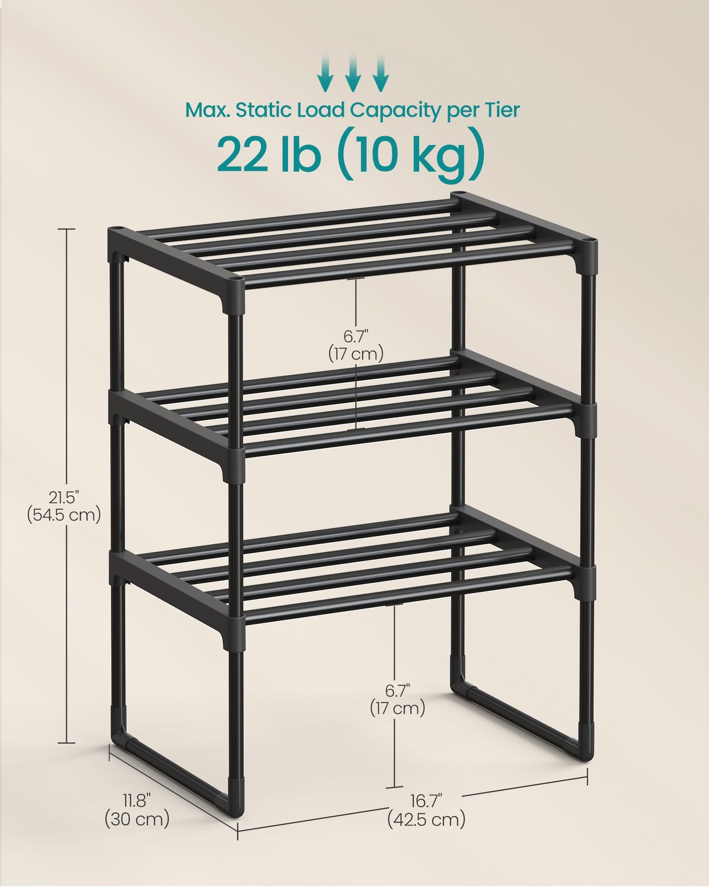 SONGMICS Shoe Rack, 3-Tier Shoe Organizer, Metal Storage Shelf, Upright or Upside Down, for 4-8