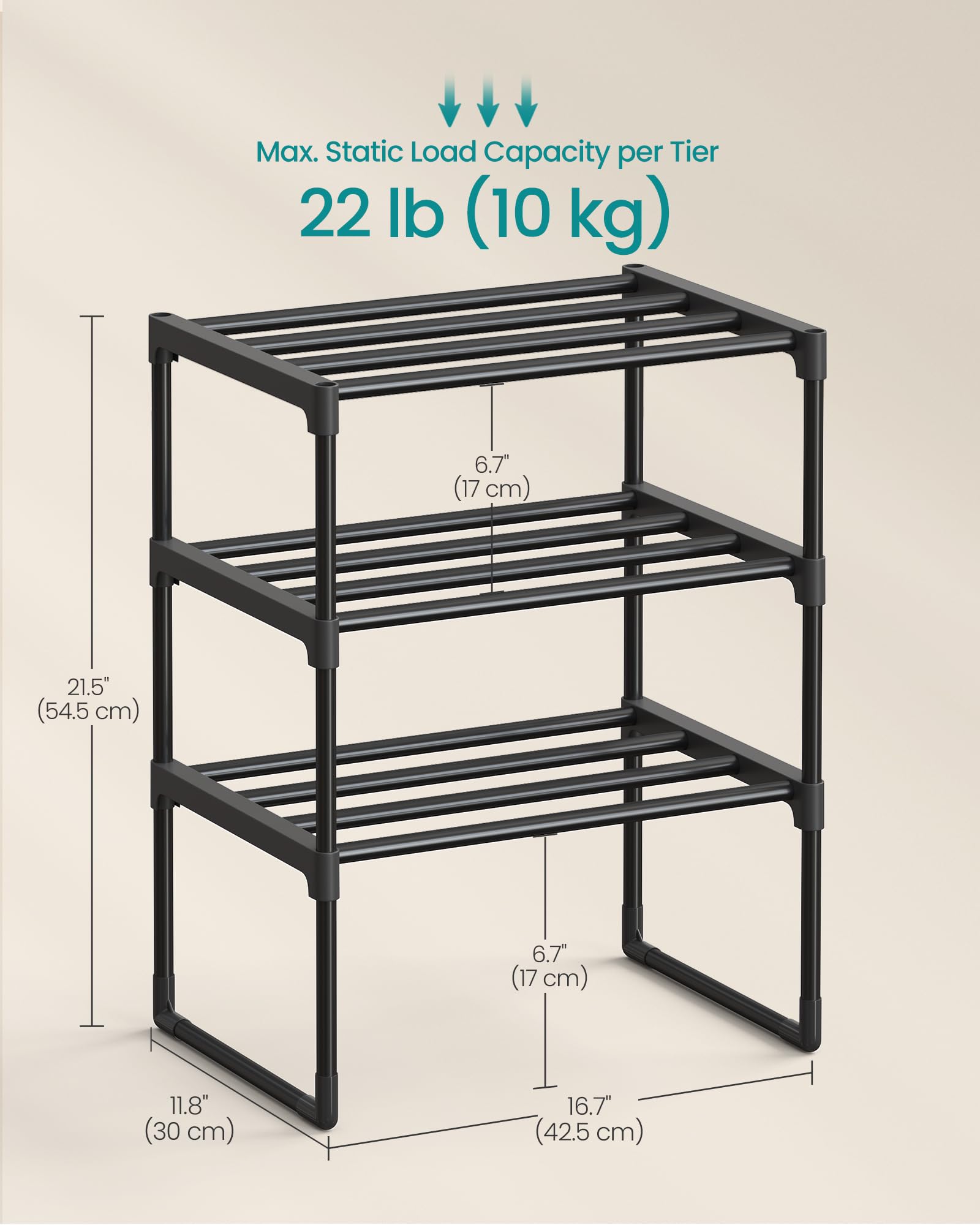 SONGMICS Shoe Rack, 3-Tier Shoe Organizer, Metal Storage Shelf, Upright or Upside Down, for 4-8