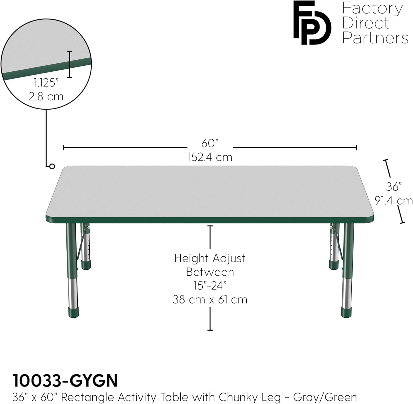 Factory Direct Partners FDP Rectangle Activity School and Classroom Kids Table (36 x 60 inch), Toddler Leg, Adjustable Height 15-24 inches - Gray Top and Green Edge